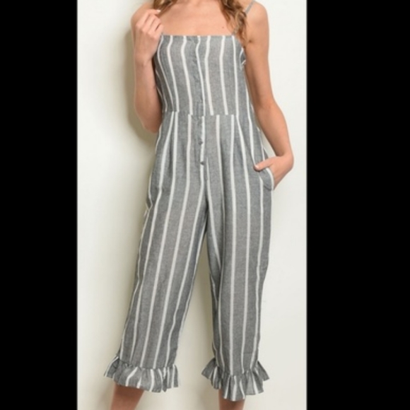 Cotton Gray white Stripes Pant jumpsuit - Picture 1 of 15